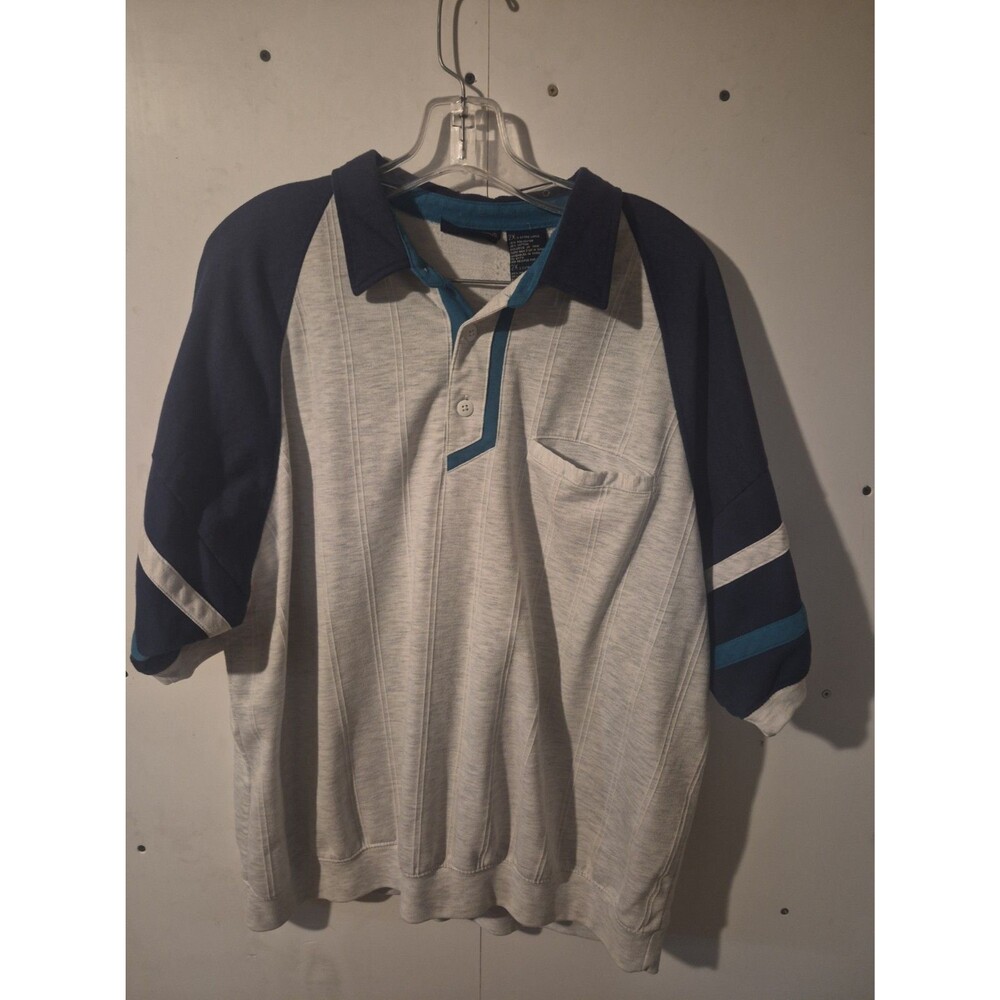 Vintage 80s Private Club Short Sleeve Polo Men's 2X  Gray And Blue Cotton Trim